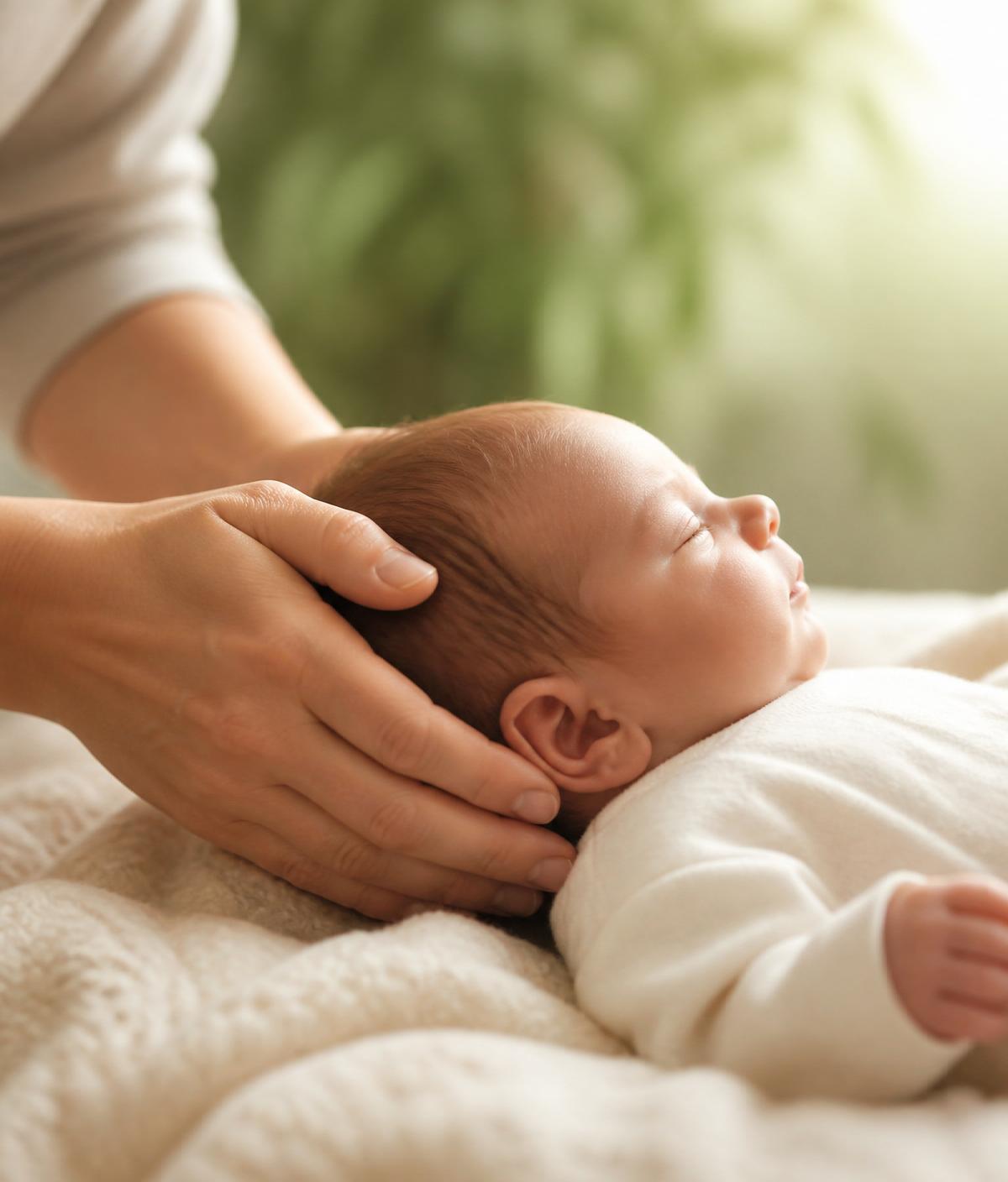 A practitioner's hands gently cradling a sleeping newborn during cranial therapy